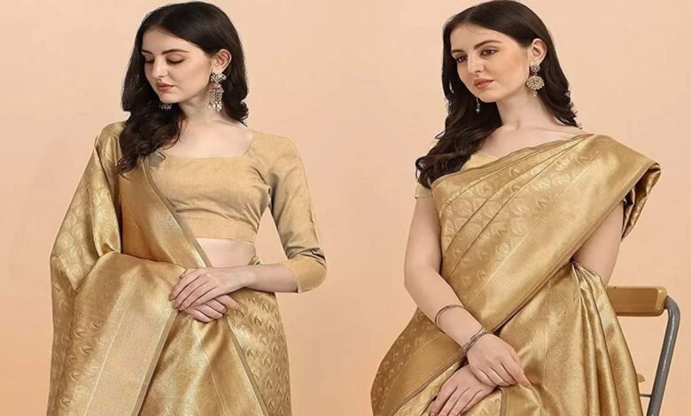 Golden color saree : आपके लुक को ये गोल्डन कलर की साड़ी बेहद क्लासी और रॉयल लुक देगी