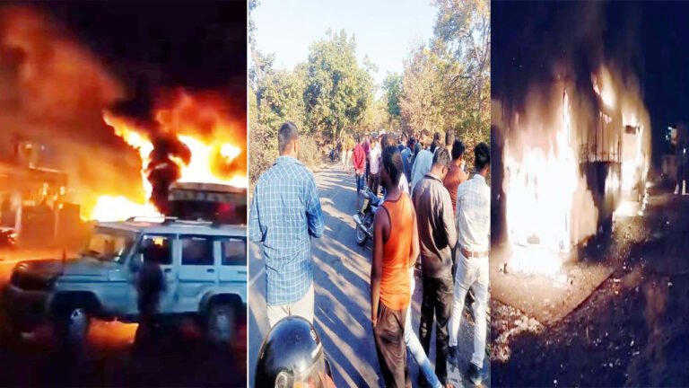 Singrauli में एक्सीडेंट के बाद बस सहित कोयला वाहन में लगाई आग