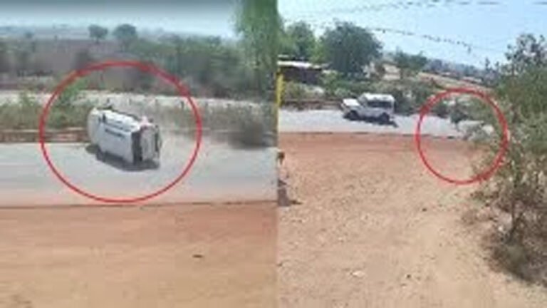 MP- गाय बचाने के फेर में स्कॉर्पियो पलटी, सीसीटीवी में कैद हुई घटना