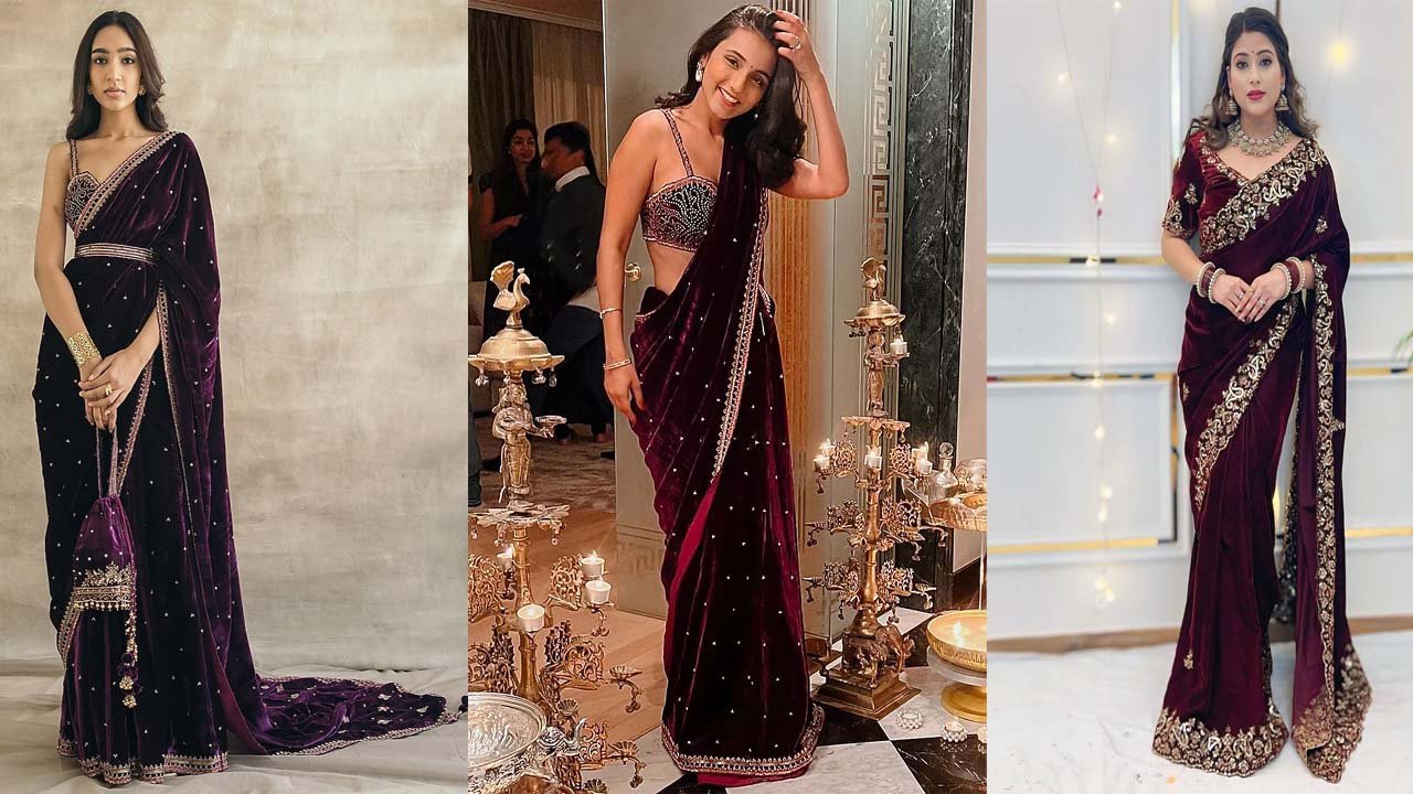 Velvet Saree Design: महिलाओं के लिए ट्रेंडी वेलवेट साड़ी शादी हो या पार्टी, हर फंक्शन रॉयल लुक